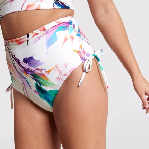 NWT CALIA High Waisted Swim Bottoms Women's Ruched Side Tie Cream/Multi - Picture 1 of 4